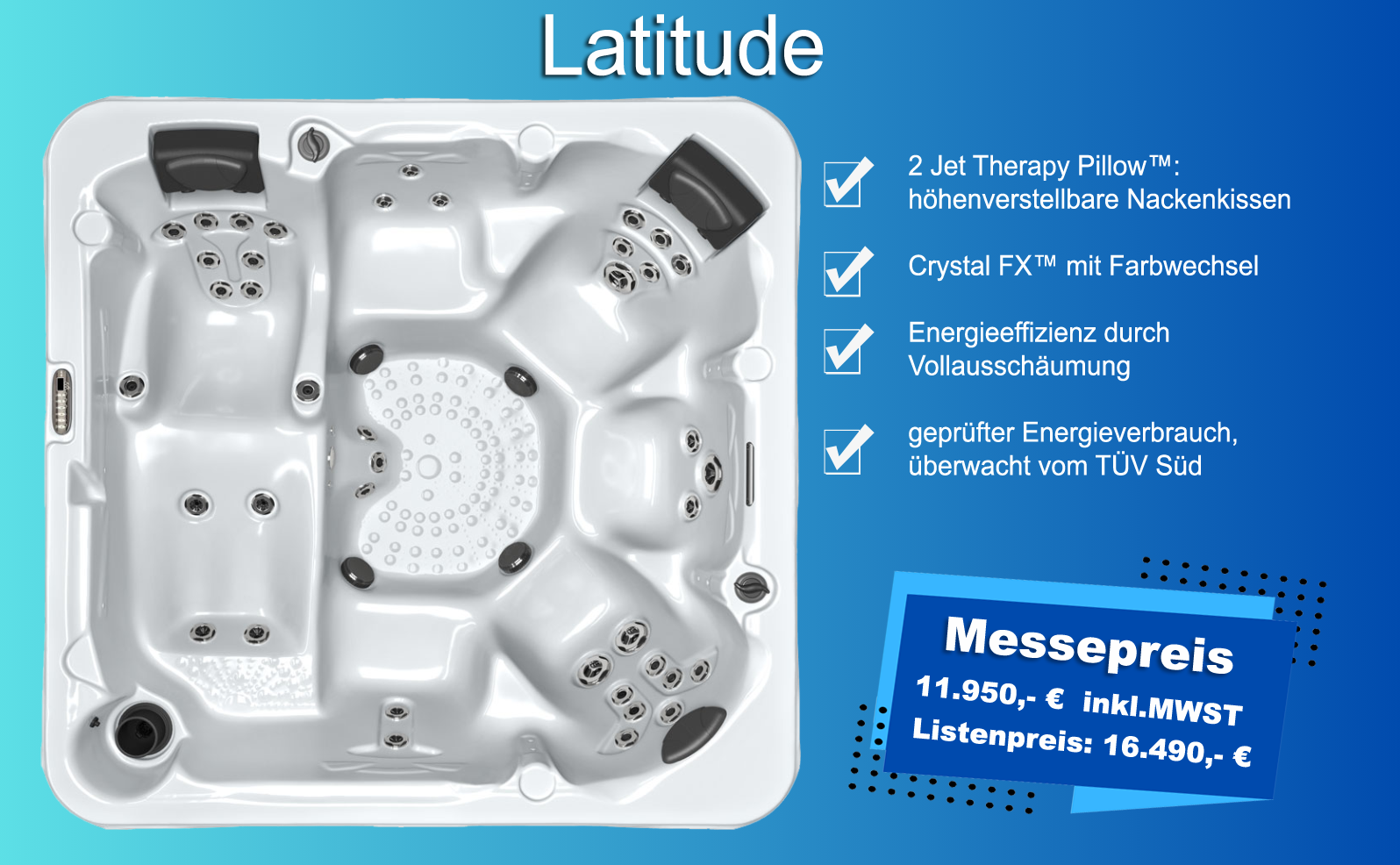 Whirlpool Latitude. Messepreis: 11.950,- € inkl.MWST. Listenpreis: 16.490,- € Whirlpool Latitude. Messepreis: 11.950,- € inkl.MWST. Listenpreis: 16.490,- €