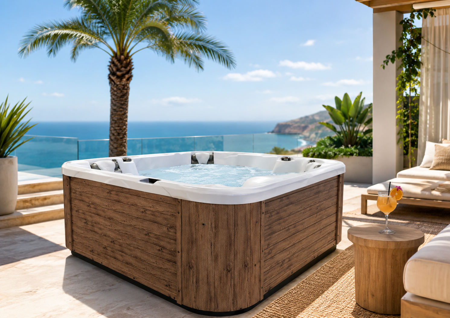 Whirlpool auf sonniger Terrasse mit Meerblick für Urlaub zu Hause Whirlpool auf sonniger Terrasse mit Meerblick für Urlaub zu Hause