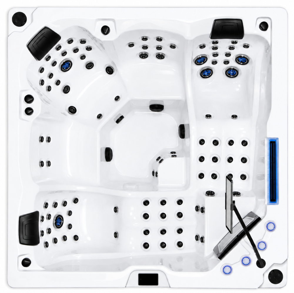 Matrix Whirlpool in Arctic White mit zwei Liegen, drei Sitzen, vielen Massagedüsen und Tablet-Halterung in der Draufsicht