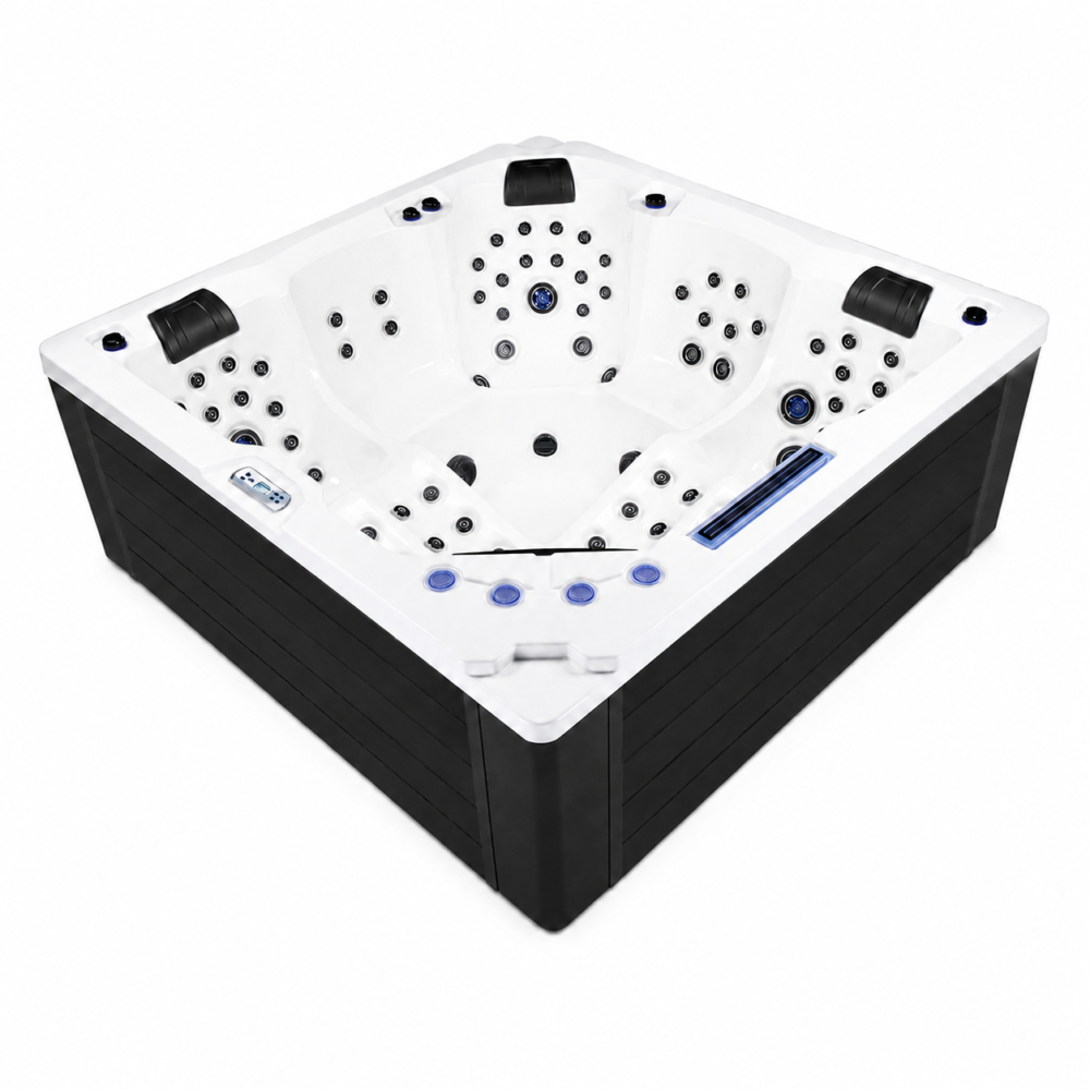 Matrix Whirlpool in Arctic White mit schwarzer Verkleidung, Massagedüsen, Kopfstützen und RGB-Beleuchtung