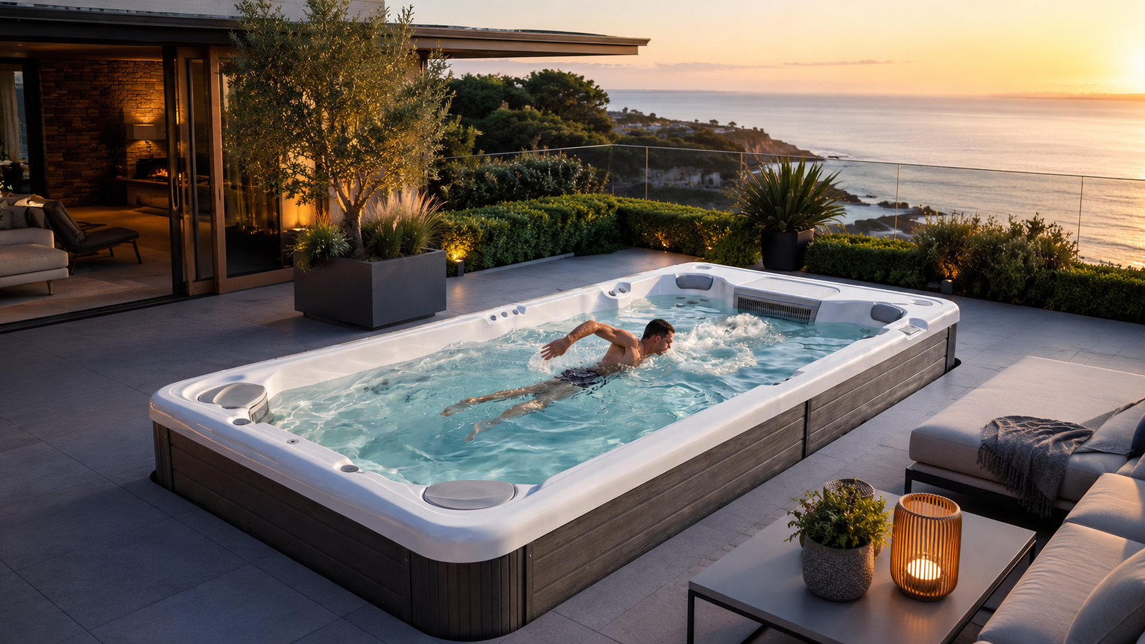 Swim Spa mit Gegenstromanlage im Outdoor-Bereich Swim Spa mit Gegenstromanlage im Outdoor-Bereich