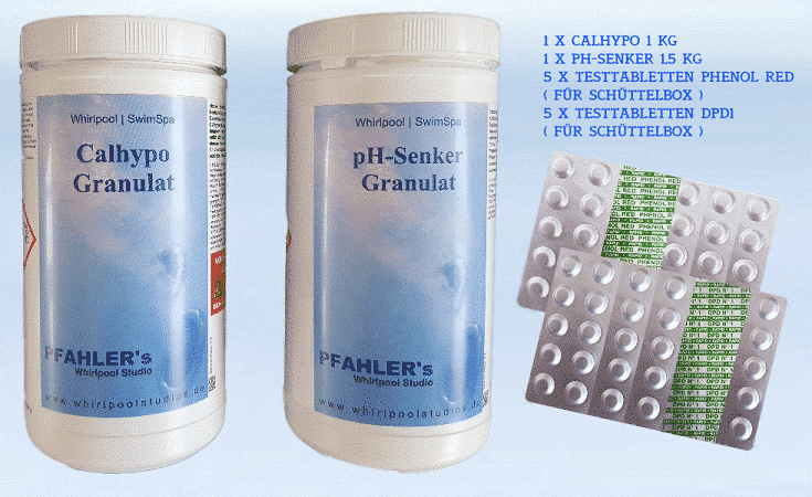 pH senker 1,5 Kg + Calhypo Granulat 5 X Phenol red 5 X DPD1 Testtabletten