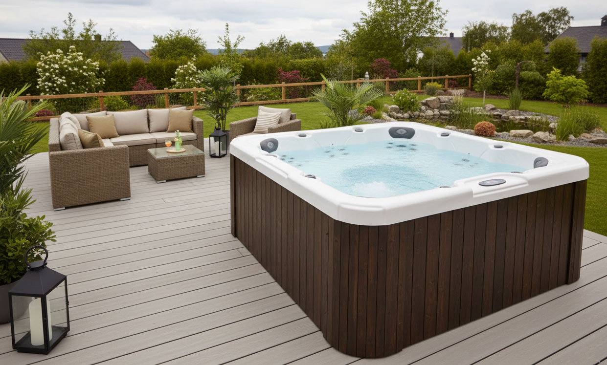 Garten Whirlpool auf einer Terrasse im Grünen