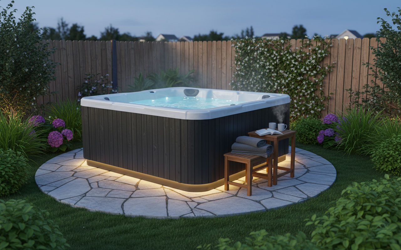 Beleuchteter Garten Whirlpool am Abend mit Sitzbereich